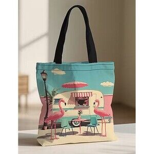 Retro Flamingo and Camper Tote Shoulder Bag 2-D Flat Printing Canvas Gift NEW